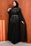 Black Shoulder Cape and Stone Embellished Evening Dress - 3