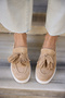 Stary Women's Beige Genuine Leather Suet Tassel Detail Loafer Shoes - 6