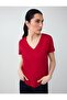 Red V-Neck Short Sleeve Modal Knitted T-Shirt - 5