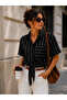 Women's Dark Striped Waist-Tied Short Sleeve Shirt - 3