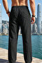 Men's Black Linen Cotton Pants with Elastic Waist, Comfortable and Breathable - 3