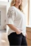Large Size Viscose T-Shirt with Bead and Sequin Detail in Ecru - 2