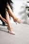 Lorwen Women's Heels with Front Strap and Stone Detail, Thin Heel Stiletto, Beige Satin