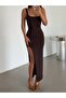 U-neck slit long dress - brown - 4