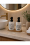 Set of 2 Round Ceramic Liquid Soap Dispensers and Bamboo Stand 2 X 500 ml - 2
