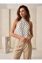 Women's Ecru Black Polka Dot Halter Neck Zero Sleeve Regular Buttoned Pleated Sandy Premium Women's Blouse - 6