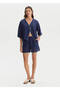 Navy Blue Linen Shorts with Contrast Detail - 3