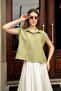 Women's Embroidered Collared Off-Shoulder Loose Shirt - Olive Green - 3