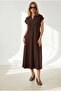 Women's Brown Polo Collar Pocketed Modal Buttoned Flowy Dress Elb-19002667 - 3