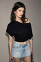 Calestia asymmetrical black blouse for women with soft and flexible fabric, sitting on the waist, shoulder decollete, and ruched detail - 2