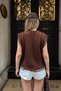 Brown Scallop Detailed Openwork Crew Neck Women's Knitwear Vest - 5