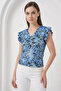 Women's V-Neck Floral Patterned Blue Blouse - 3