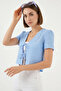Women's V-Neck Crop Short Sleeve Viscose Blue Blouse - 3