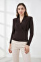 Women's Double-Breasted Collar Shoulder Padded Brown Blouse