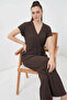 Women's V-Neck Short Sleeve Belted Brown Two-Piece Set - 2