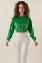 Women's Round Neck High Waist Velvet Green Blouse - 5