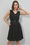 Women's V-Neck Belted Polka Dot Black Dress - 5