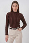 Women's High Collar Textured Brown Blouse - 5