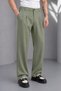 Men's Green Zra Model Pleated Wide Leg Fabric Trousers Oversize Relaxed Fit