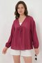 Women's Round Neck Gathered Waist Long Sleeve Viscose Burgundy Blouse