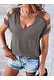 Women's Short Sleeve V Neck Stripe Detail Viscose Blouse