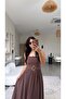 Brown Linen Gold Belted Square Neck Long Dress - 5