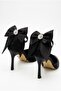 Women's Stoned Bow Detailed Ankle Strap Stiletto Pointed Toe Thin Heeled Black Satin Evening Dress Shoes - 4