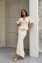 Women's Beige Lined V-Neck Blouse with Flywheel Detail Midi Skirt Bottom Top Two-Piece Summer Fabric Knitwear Set (Size S)