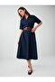 Navy Blue Shirt Collar Short Sleeve Cotton Dress - 4