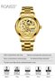 Mens Stainless Steel Mechanical Watch Analog Round Gold Dial Hollow Pattern Waterproof Luminous Wristwatch Gift for Men Black Silver - 2