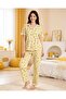 Heart Pattern Yellow Color Shirt Collar Buttoned Short Sleeve Milan Fabric Women's Pajama Set - 4