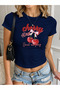 Women's Navy Blue Sweet Cherry Printed Crew Neck Slim Crop Tshirt
