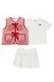 Red and White Striped Quilted Vest White T-Shirt White Skirt Girls' Three-Piece Set