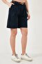 Women's Navy Blue Lycra Gabardine Midi Shorts with Belt - 2