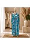 Bohemian Style Leaf Patterned, Buttoned, Long Sleeve Resort Dress - Turquoise