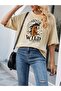 Women / Girls Beige Oversize T-Shirt Wild Printed - 4