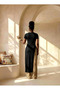 Women's Black Crew Neck Asymmetrical Cut Long Blouse / Tunic with Side Deep Slits and Lace Detail - 4