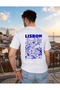 Unisex White Lisbon Back Print Tshirt Knitted Cotton Lisbon City Illustration Graphic Design Cobalt Blue Detailed Men's Women's Short Sleeve Crew Neck T-Shirt