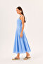 Blue Linen Strappy Square Neck A-Line Panel Detailed Cotton Midi Dress - 3