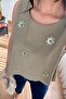Daisy Bead Embroidered Thick Strap Khaki Blouse - 4