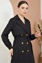 Women's Double-Breasted Collared Black Hijab Trench Coat with Belt - 4