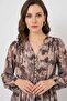 Women's V-Neck Gathered Waist Patterned Chiffon Light Beige Dress - 2
