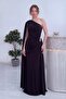 Women's One-Shoulder Cape, Stone Detailed Draped Maxi Evening Dress, Black - 3