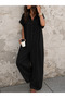 Black Linen Women's Buttoned Shirt Collar Loose Jumpsuit – Wide Leg Relaxed Fit Summer Jumpsuit 70% Linen 30%