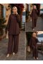 Women's Strawberry Fabric Stand Collar Buttoned Ruffle Detailed Hijab Tunic Pants Double Set - 7