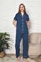 Women's Pajama Set - Indigo Polka Dot Front Buttoned Short Sleeve Lycra Viscose 2888Ky - 3
