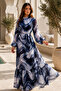 Balon Kol Printed Hijab Dress A3008 Navy Blue - 3
