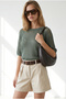 Women's Khaki Raglan Sleeve Mercerized Knitwear Blouse Blz-19003402 - 3