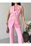 Women's Double-Breasted Belted Sleeveless Jacket and Classic Trousers Two-Piece Set - 6
