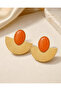 Fan Shape Orange and White Stone Detailed Gold Plated Earrings - 8